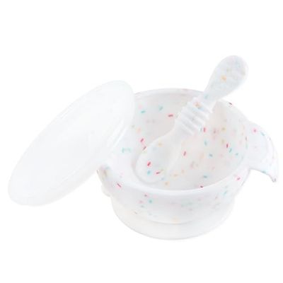 Bumkins Baby Bowls, Silicone Baby Feeding Set, Suction Bowls for Baby and Toddler with Spoon and Lid, First Feeding Set, Platinum Silicone Bowl for Babies 4 Months
