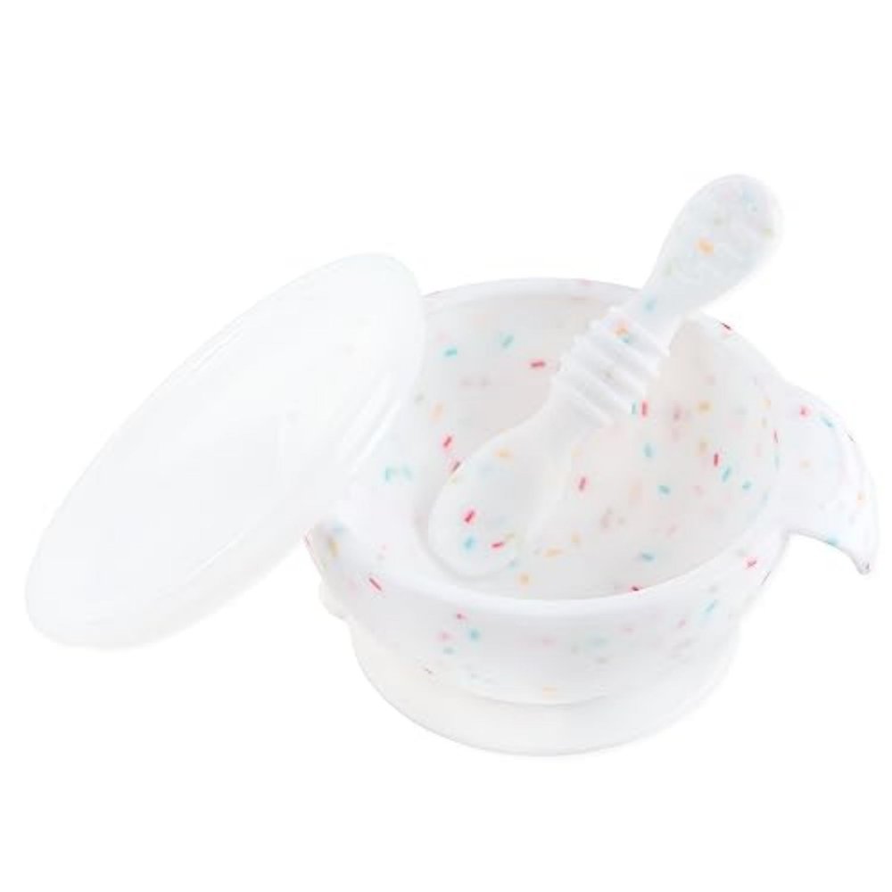 Bumkins Baby Bowls, Silicone Baby Feeding Set, Suction Bowls for Baby and Toddler with Spoon and Lid, First Feeding Set, Platinum Silicone Bowl for Babies 4 Months