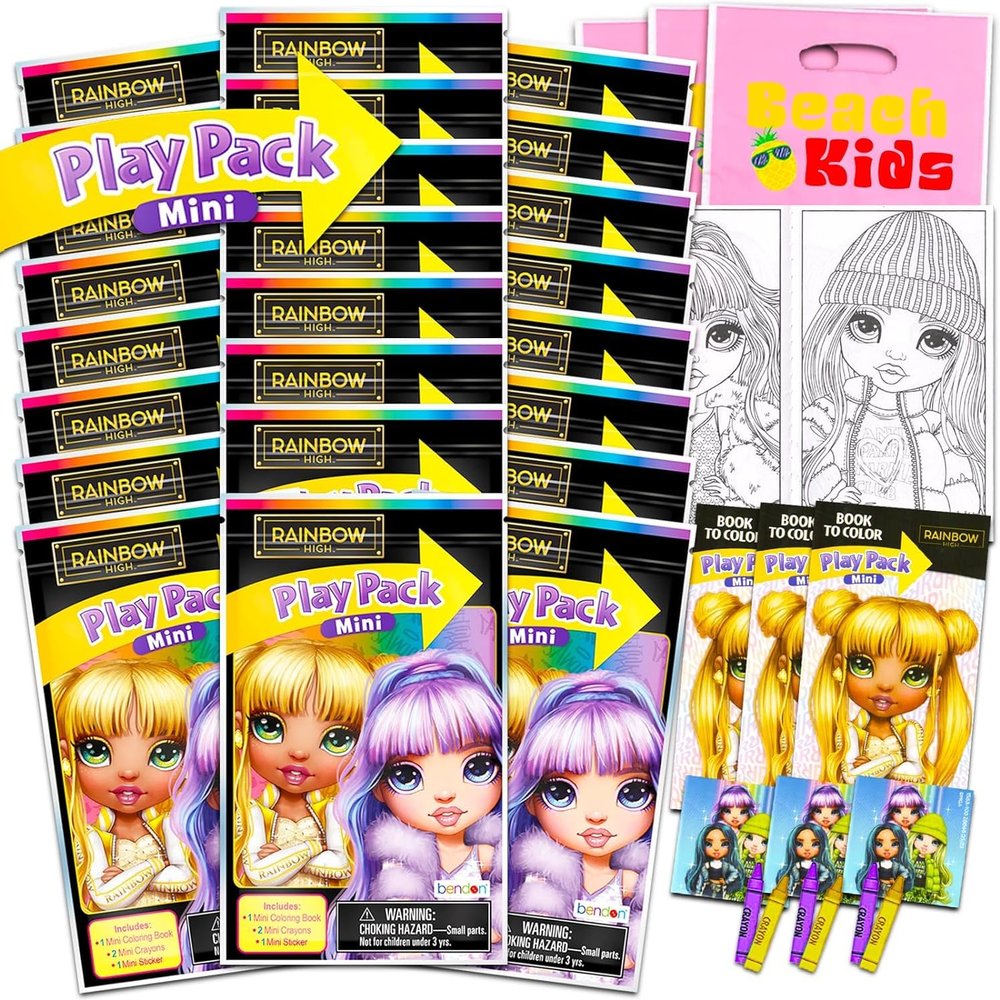 Rainbow Mini Party Favors Set - 24 Mini Packs with Coloring Pages, Stickers & More (Rainbow High Birthday Party Supplies)