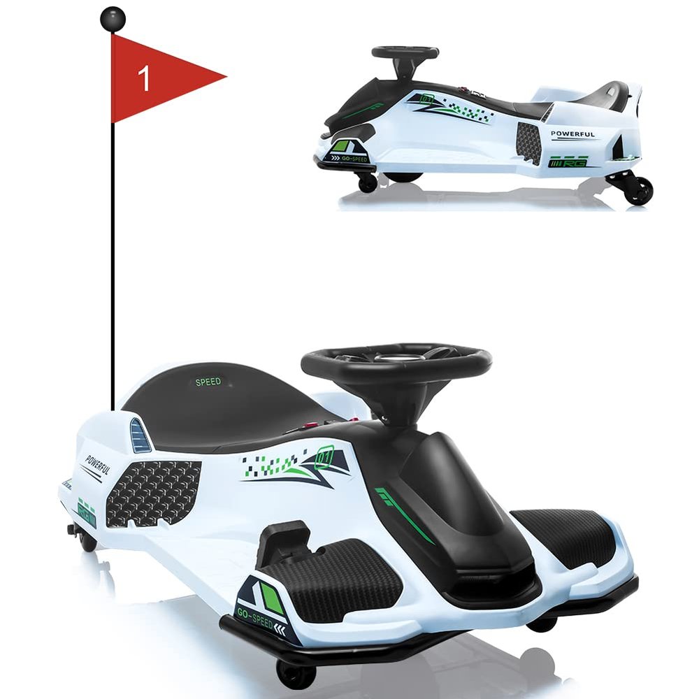 12V Ride on Drift Car,Kids Electric Drifting Go-Kart High/Low Variable Speed with 5 Wheels,Built-in Music,Front+Tail LED Light,Low-Power Alarm(White)
