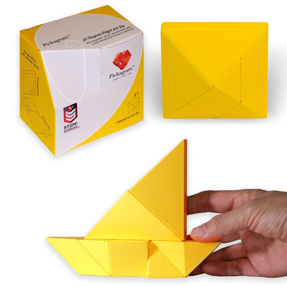 Pickagram Tangram 3D Magnetic Puzzle for Kids (8-12), Adults & Seniors | STEM Certified Fidget Puzzle - Magnetic Pattern Blocks for Cognitive Development, Creativity & Focus - Yellow