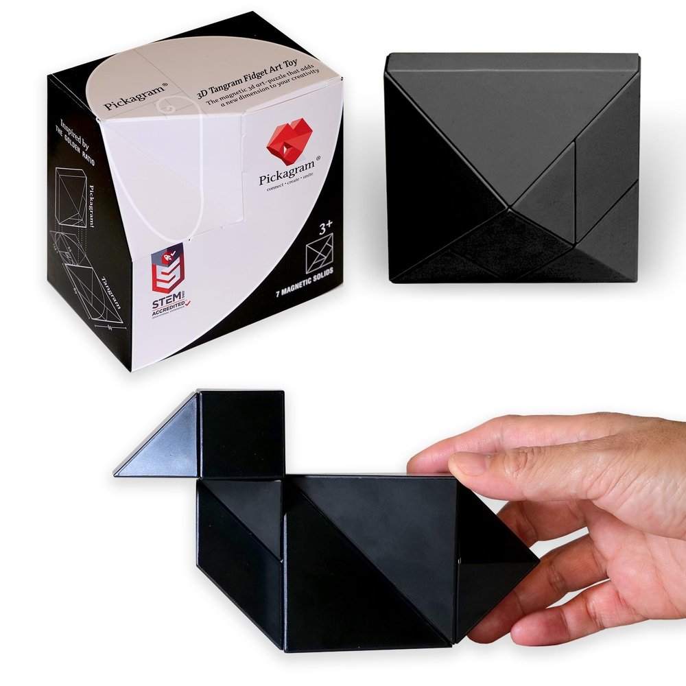 Pickagram Tangram 3D Magnetic Puzzle for Kids (8-12), Adults & Seniors | STEM Certified Fidget Puzzle - Magnetic Pattern Blocks for Cognitive Development, Creativity & Focus - Black