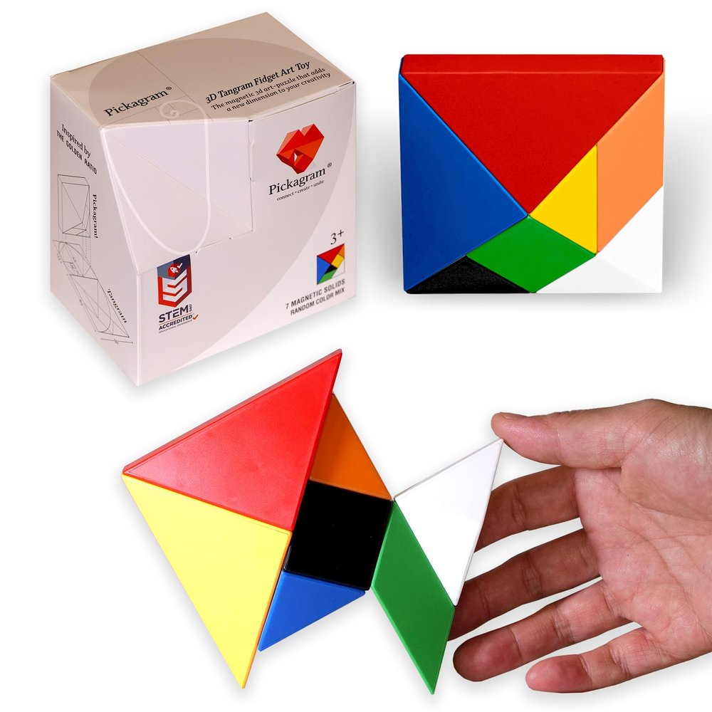 Pickagram Tangram 3D Magnetic Puzzle for Kids (8-12), Adults & Seniors | STEM Certified Fidget Puzzle - Magnetic Pattern Blocks for Cognitive Development, Creativity & Focus - Random Mix