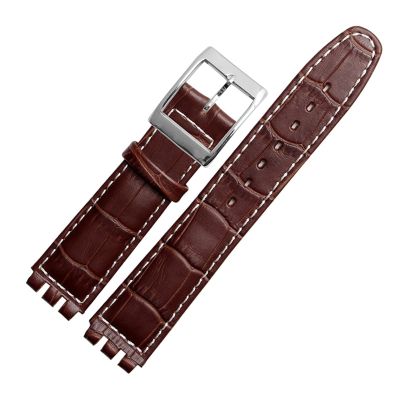 REFKIT 17mm Genuine Leather Wrist Strap For Swatch Watch Band Men Women Bracelet Watchband Accessories(Brown white line)