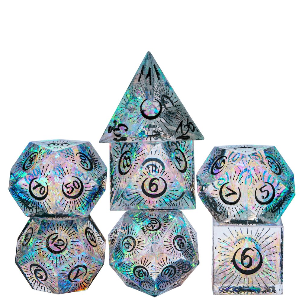 Cusdie Sharp Edges DND Dice, 7 PCs Moon Dice Set D&D Dice, Handcrafted Polyhedral Dice Set, for Role Playing Game Pathfinder(Moon/Black)