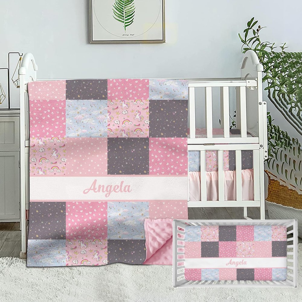 Personalized Baby Girl Bedding Set, Custom Name Crib Comforter, Moon & Rainbow Nursery Bedding, 2 Piece Set with Fitted Sheets