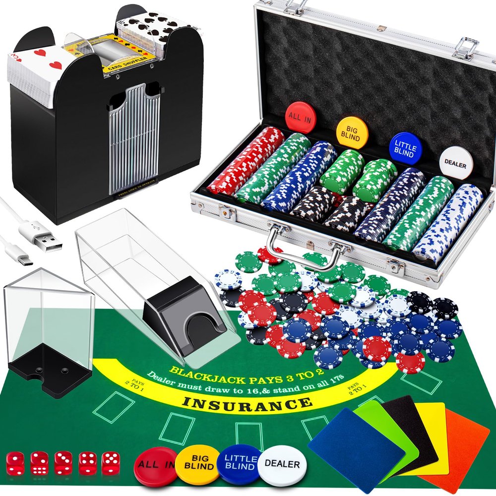Aoriher Blackjack Casino Game Set, Include 300 Poker Chips, Casino Felt 1 Automatic Card Shuffler 6 Deck Dealer Shoe Discard Holder Tray Aluminum Case for Texas Holdem Blackjack Poker(Green)