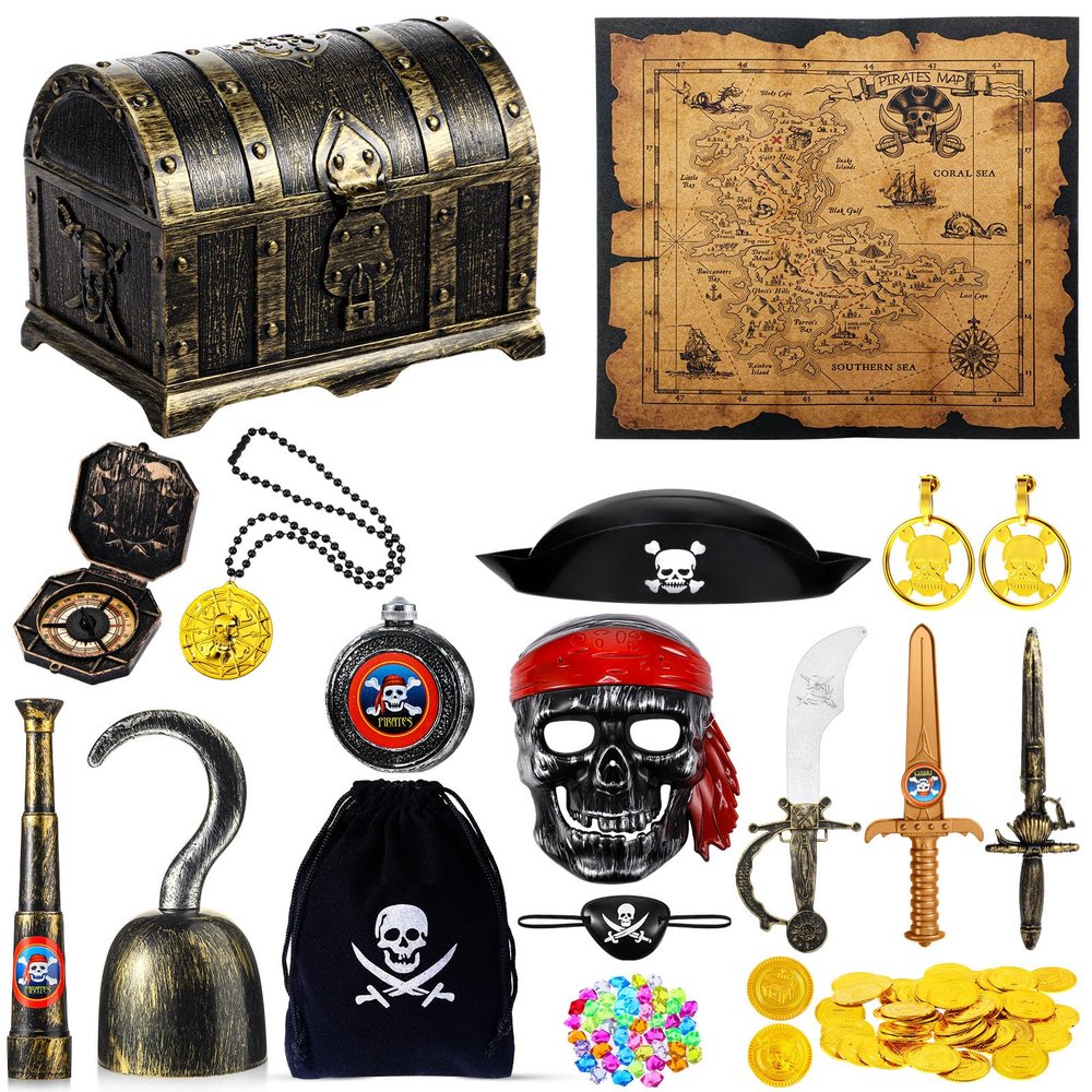 116 Pieces Pirate Treasure Toys, Pirate Treasure Box with Coins Jewels Gems and Pirate Map Compass Telescope for Boy Girl Halloween Cosplay Props Pirate Theme Party Decoration Favor (Cute Style)