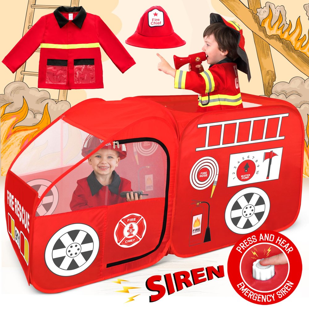 W&O Fire Truck Play Tent with Siren Button, Firefighter Hat, Jacket & Hose Ultimate Firefighter Pop-Up Tent for Toddlers & Kids