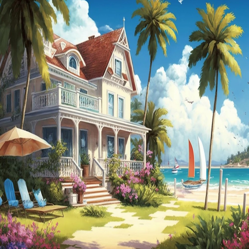 120 Piece Jigsaw Puzzle for Adults, Summer Seascape House Puzzle, Art DIY Educational, Gift Wall Decor
