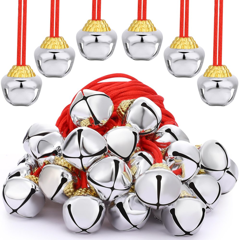 Gejoy 64 Pieces Christmas Bell Necklaces Large Bell Necklaces for Craft Holiday Party Supplies (Silver Bell)