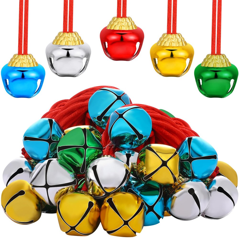 Gejoy 24 Pieces Christmas Jingle Bell Necklaces Bulk Large Bell Necklaces for Craft Holiday Party Supplies(Multicolor)