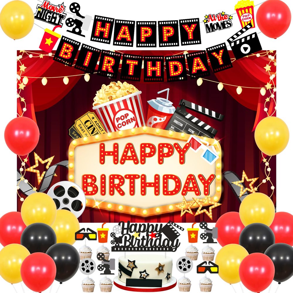 Fangleland Movie Night Birthday Decorations for Girls Boys, Movie Night Themed Indoor Outdoor Happy Birthday Party Supplies Cake Toppers Backdrop Banner