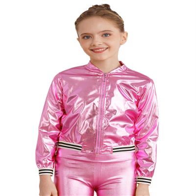 Jhaoyu Kids Girls Boys Metallic Bomber Moto Jacket Coat Hip Hop Jazz Modern Dance Top Disco Party Wear Light Pink 8 Years