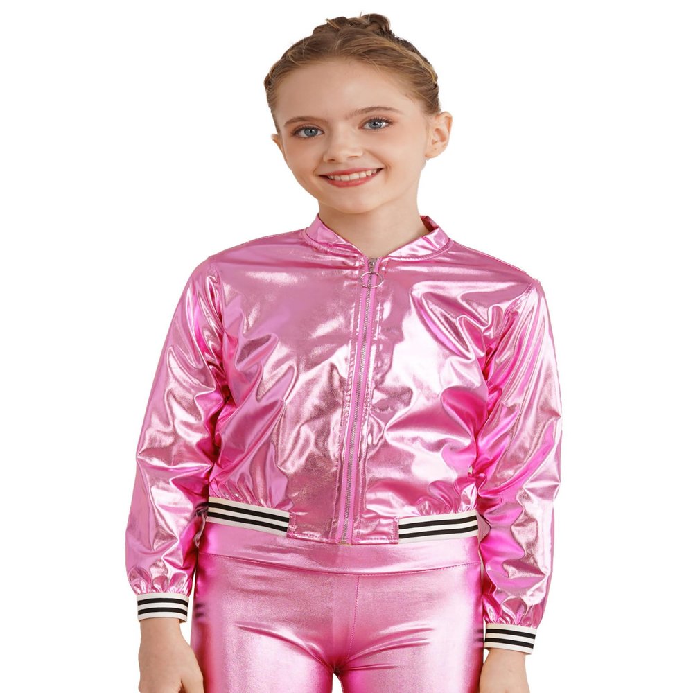 Jhaoyu Kids Girls Boys Metallic Bomber Moto Jacket Coat Hip Hop Jazz Modern Dance Top Disco Party Wear Light Pink 8 Years
