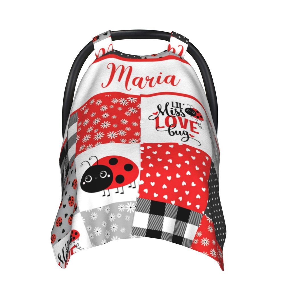 Personalized Baby Car Seat Canopy for Babies, Custom Name Lady Bug Baby Car Seat Covers for Girls, Opening Minky Nursing Breastfeeding Cover for Infant, Carseat Canopies for Newborn