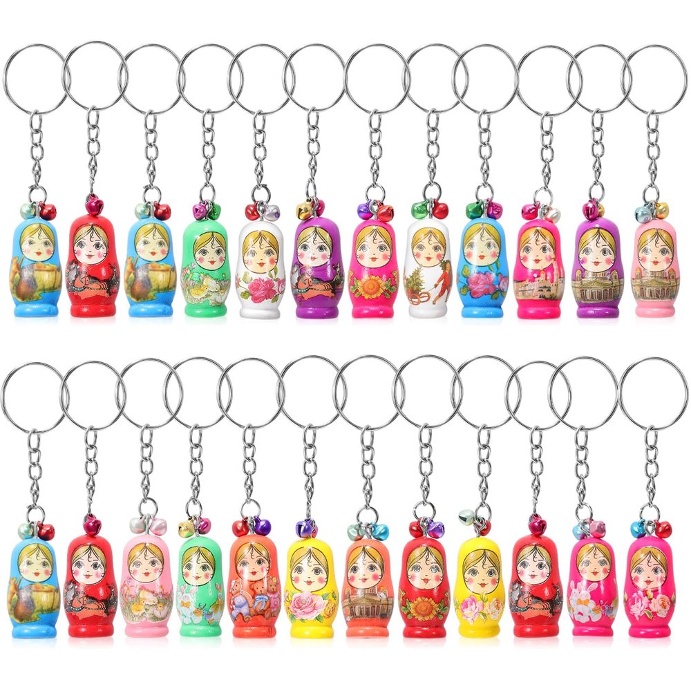 SHOWERORO 24 Pcs Matryoshka Keychain Russian Dolls Key Rings Russian Nesting Dolls Keychains Backpack Key Pendant Keychains for Car Keys Funny Keychain Cartoon Wooden Little Child