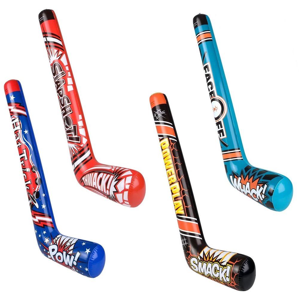 35" Inflatable Hockey Sticks (4 Designs) Splash it! Thwack! Hat Trick. Pow! Power Play Smack! Face Off! Whack! Colorful. Vinyl. Great Party Favor (12 Pack - Random 4 Designs)