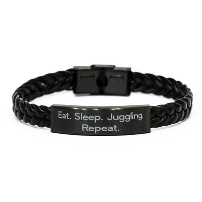 Cool Juggling Braided Leather Bracelet, Eat. Sleep. Juggling. Repeat, Joke Engraved Bracelet For Friends From Friends, Juggling balls, Juggling clubs, Juggling rings, Juggling scarves, Juggling