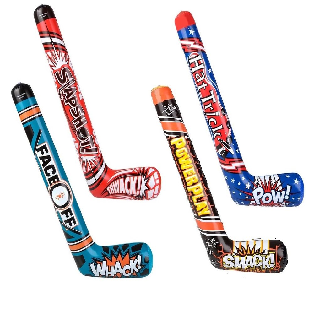 35" Inflatable Hockey Sticks (4 Designs) Splash it! Thwack! Hat Trick. Pow! Power Play Smack! Face Off! Whack! Colorful. Vinyl. Great Party Favor (24 Pack - 4 Designs)