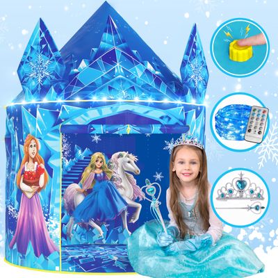 W&O Frozen Princess Tent for Girls with Magical Sound Button, LED Lights, Crown & Wand  Indoor & Outdoor Frozen Tent for Girls Ages 3-7