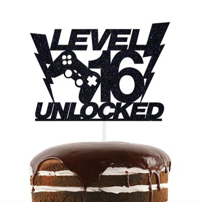 Black Glitter Level 16 Unlocked Cake Topper, Happy 16th Birthday Cake Decor, Teens Gaming Theme 16th Birthday Party Decorations