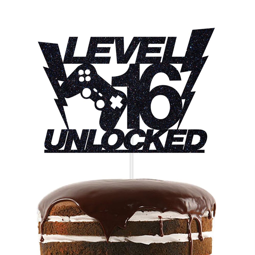 Black Glitter Level 16 Unlocked Cake Topper, Happy 16th Birthday Cake Decor, Teens Gaming Theme 16th Birthday Party Decorations