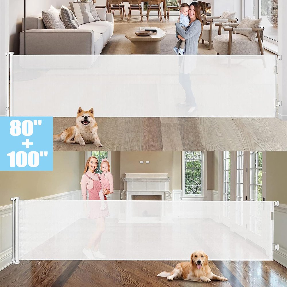 80" Extra Wide Retractable Baby/Dog Gate and 100" Extra Wide Retractable Baby/Dog Gate (White)