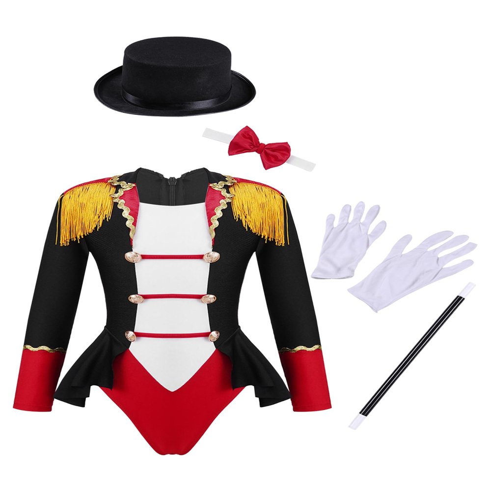 Aislor Girls Circus Ringmaster Costume Long Sleeves Tassel Leotard with Bow Tie Hat Magic Wand Gloves Fancy Dress Up Black 14 Years
