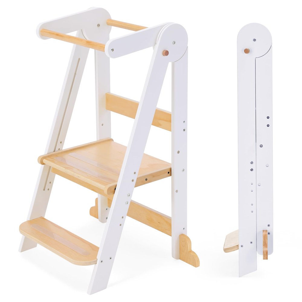 HARPPA Nordi Foldable Toddler Kitchen Tower, Montessori Kitchen Learning Helper, Standing Tower with 3 Adjustable Heights, Suitable Age for 18-48 Months, White