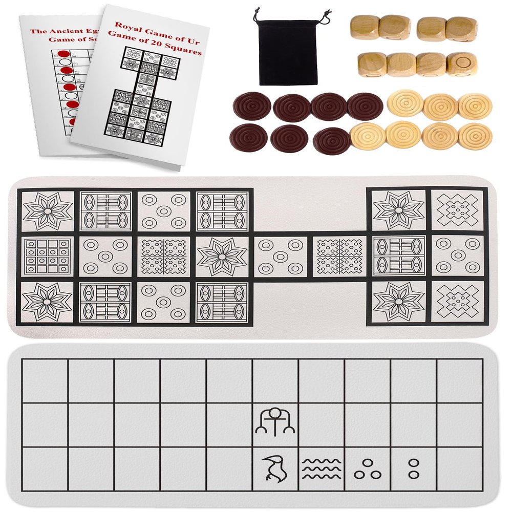 Ancient Board Game of UR & Senet - 1 Board + 8 Wooden Dice + 14 Wooden Pieces + 2 Game Instructions