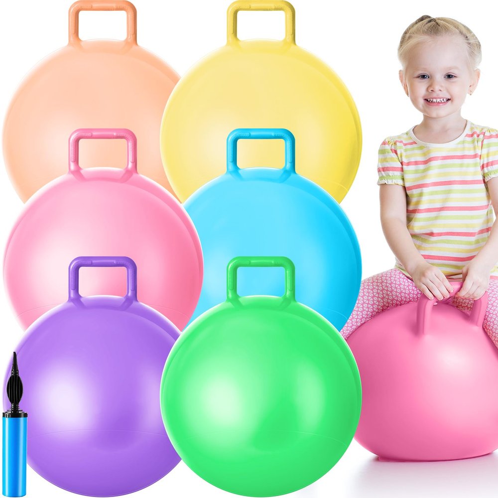 Lewtemi 6 Pcs Hopper Ball Carnival Outdoor Games 18 Inch Jumping Hopping Inflatable Bouncing Ball with Handle and Air Pump for Sport Exercise