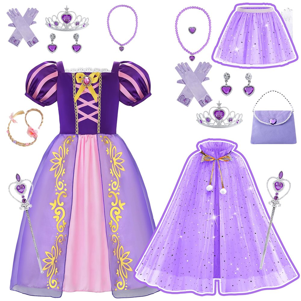 Aoiviss Purple Princess Costume for Girls with 11PCS Princess Cape & Skirt Set for Halloween Party Birthday 6-7/130