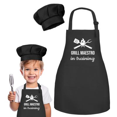 Kids Apron and Chef Hat Set, Grill Maestro in Training Funny Child Apron with 2 Pockets for Boys Girls (Black)