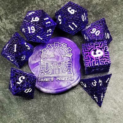 Sage's Portal Labyrinths DND Dice Set 7-Pc Hollow Metal Weave Polyhedral Dungeons and Dragons TTRPG Pathfinder Dice Set (Purple)