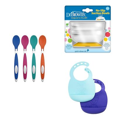 Dr. Browns Toddler Feeding Set with Designed to Nourish TempCheck Silicone Spoons, 4-Pack, No-Slip Suction Bowl, 2-Pack, and Baby Bib with Adjustable Collar and Fox Design, 2-Pack