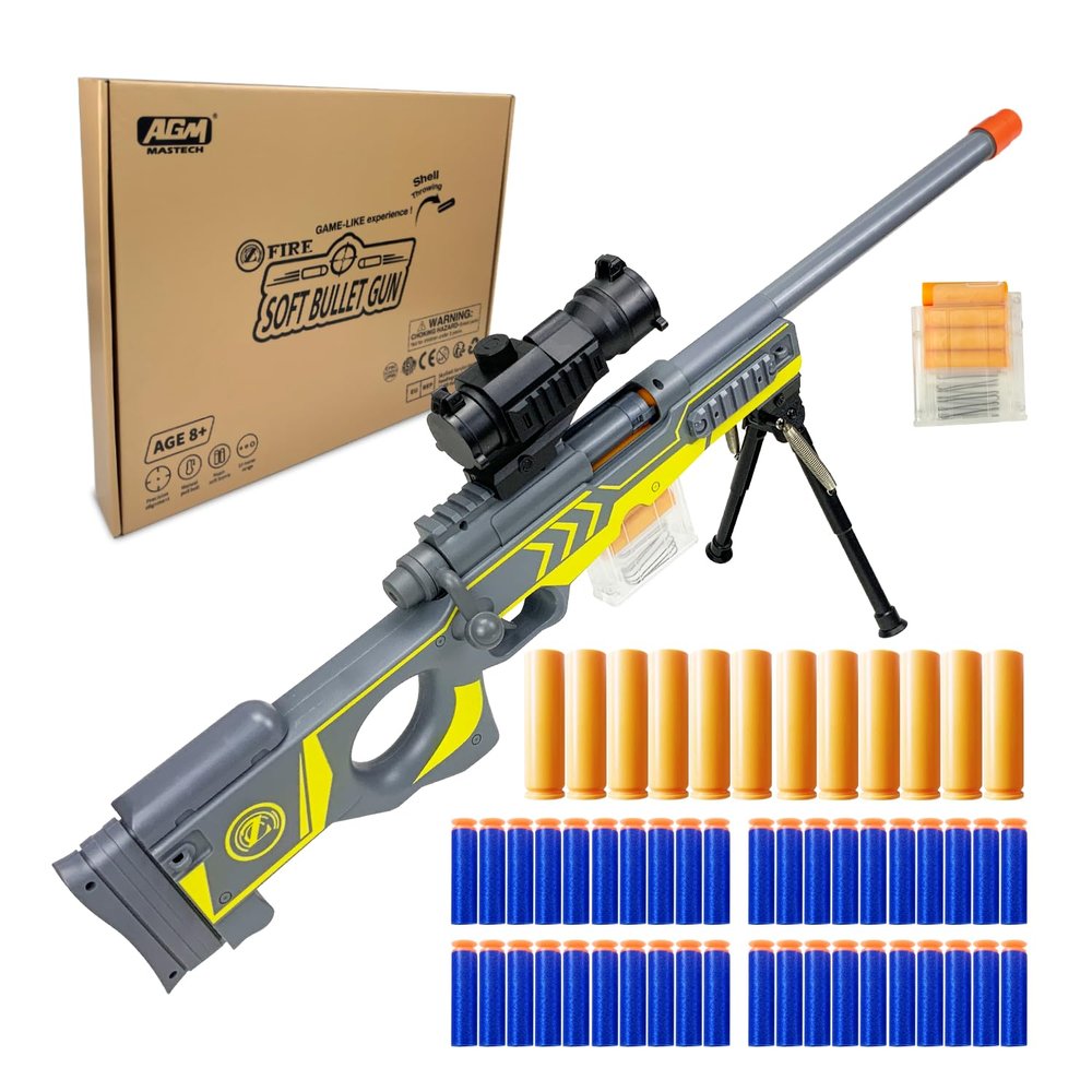 AGM MASTECH AWM Shell-Throwing Blaster Shot Gun, 40 Official Darts, 4-Dart Clip, 2 Magazines, Removable Stock, Barrel Extension, Blaster Toys Playset for Boys, Kids, and Adults (Grey)