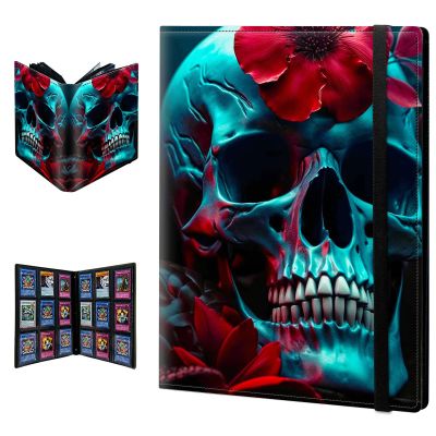 BPQOJB Trading Card Binder,9 Pocket Trading Cards Album Display Holder, 360 Cards Double Sided Pockets Card Holder Binder Sleeves Card Case for Standard Size Cards Sports Cards,Red Flower Skull