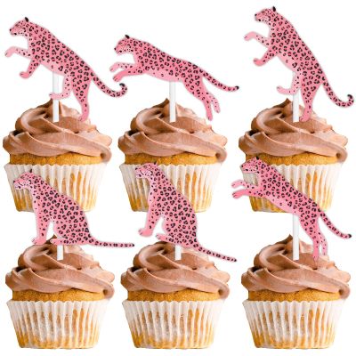 18pcs Pink Glitter Cheetah Dessert Cupcake Topper for Animal Leopard Theme Decor Supplies Baby Shower Boys Girls Happy Birthday Party Decoration