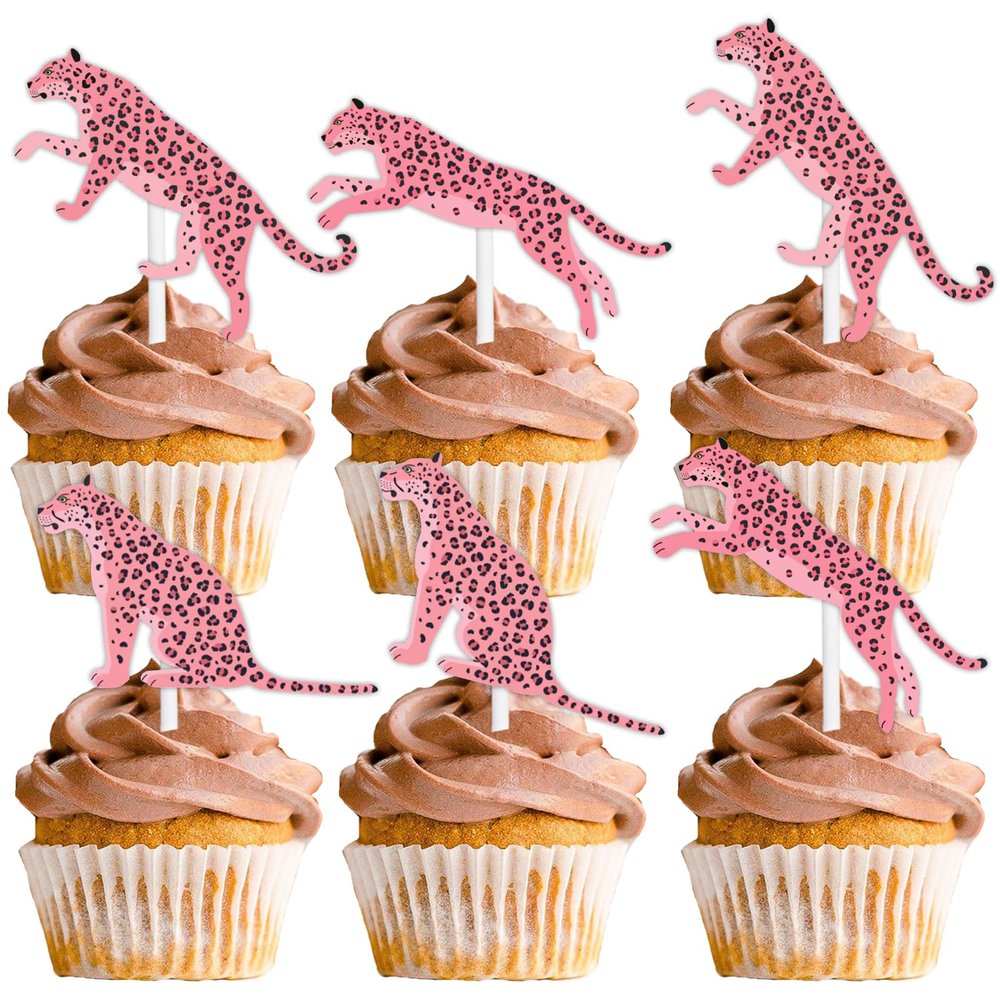 18pcs Pink Glitter Cheetah Dessert Cupcake Topper for Animal Leopard Theme Decor Supplies Baby Shower Boys Girls Happy Birthday Party Decoration