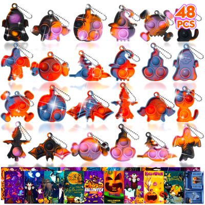 TOANWOD 48 PCS Halloween Party Favors Mini Fidget Pop Keychain: Halloween Toys Bulk Cheap - Trick or Treat Toys Non Candy - Goody Bag Stuffers for Kids Classroom School Prizes (24Keychains + 24Cards)