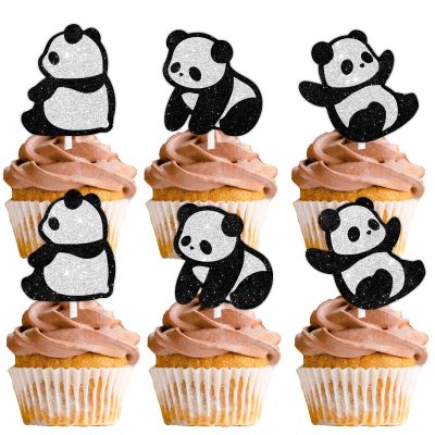 18pcs Dessert Cupcake Topper Animal Panda Theme Decor Supplies Baby Shower Boys Girls Happy Birthday Party Decorations Black White Glitter