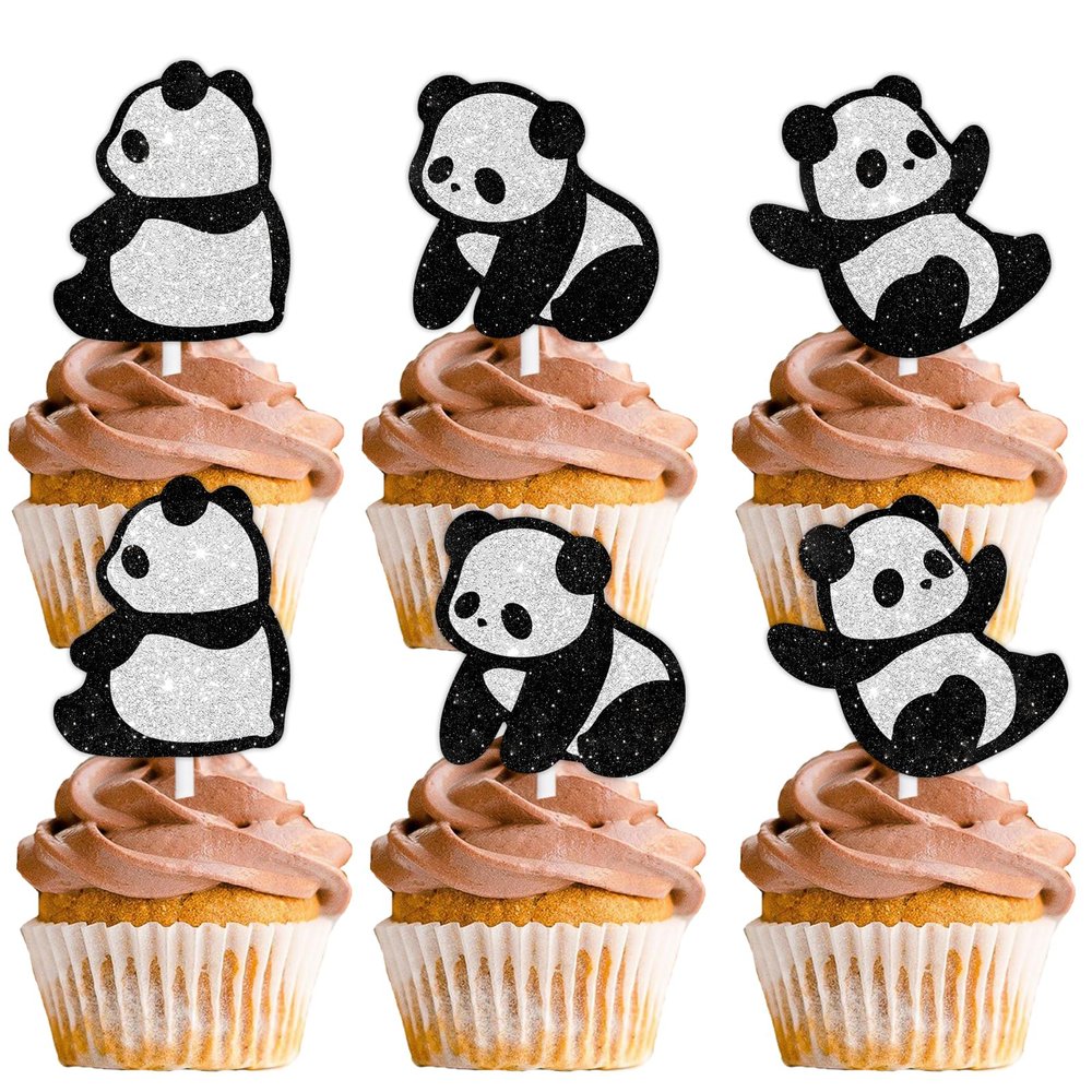 18pcs Dessert Cupcake Topper Animal Panda Theme Decor Supplies Baby Shower Boys Girls Happy Birthday Party Decorations Black White Glitter