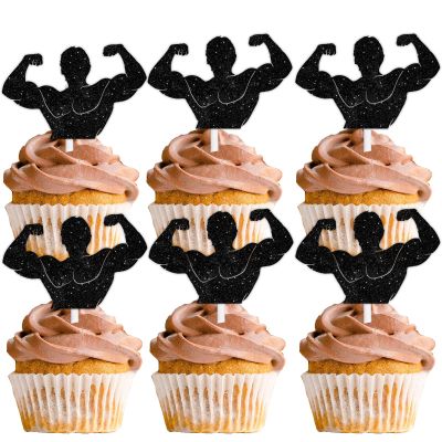 18pcs Black Glitter Muscle Men Dessert Cupcake Topper Gym Fitness Weight Lifting Sports Theme Decor Supplies Men Boys Happy Birthday Anniversary Party Decorations
