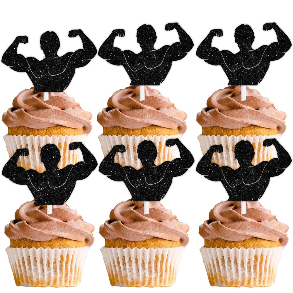 18pcs Black Glitter Muscle Men Dessert Cupcake Topper Gym Fitness Weight Lifting Sports Theme Decor Supplies Men Boys Happy Birthday Anniversary Party Decorations