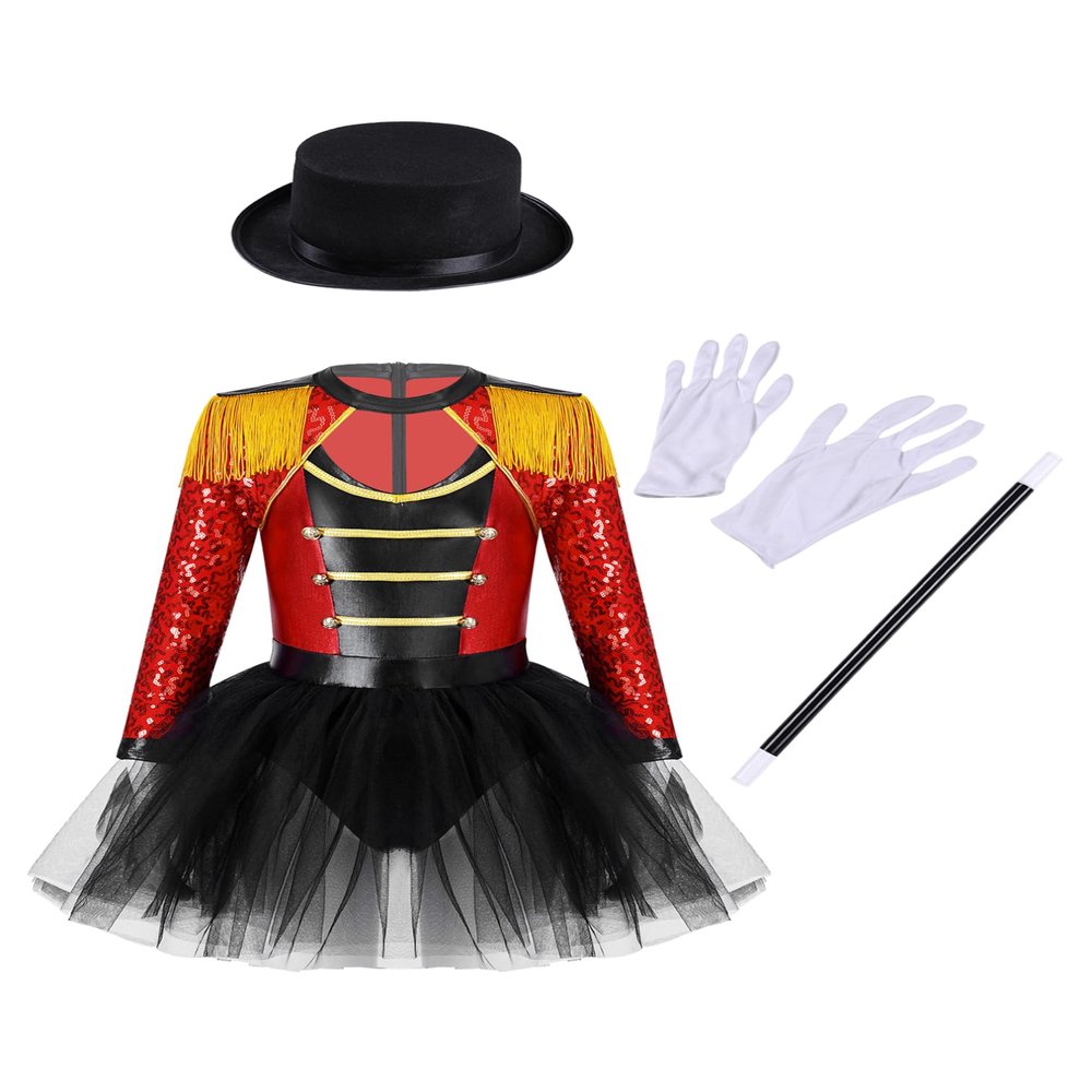 Agoky Girls Circus Ringmaster Halloween Dress Up Costume Vintage Tassel Tutu Dance Dress with Hat Magic Wand Gloves Outfits Red 8 Years
