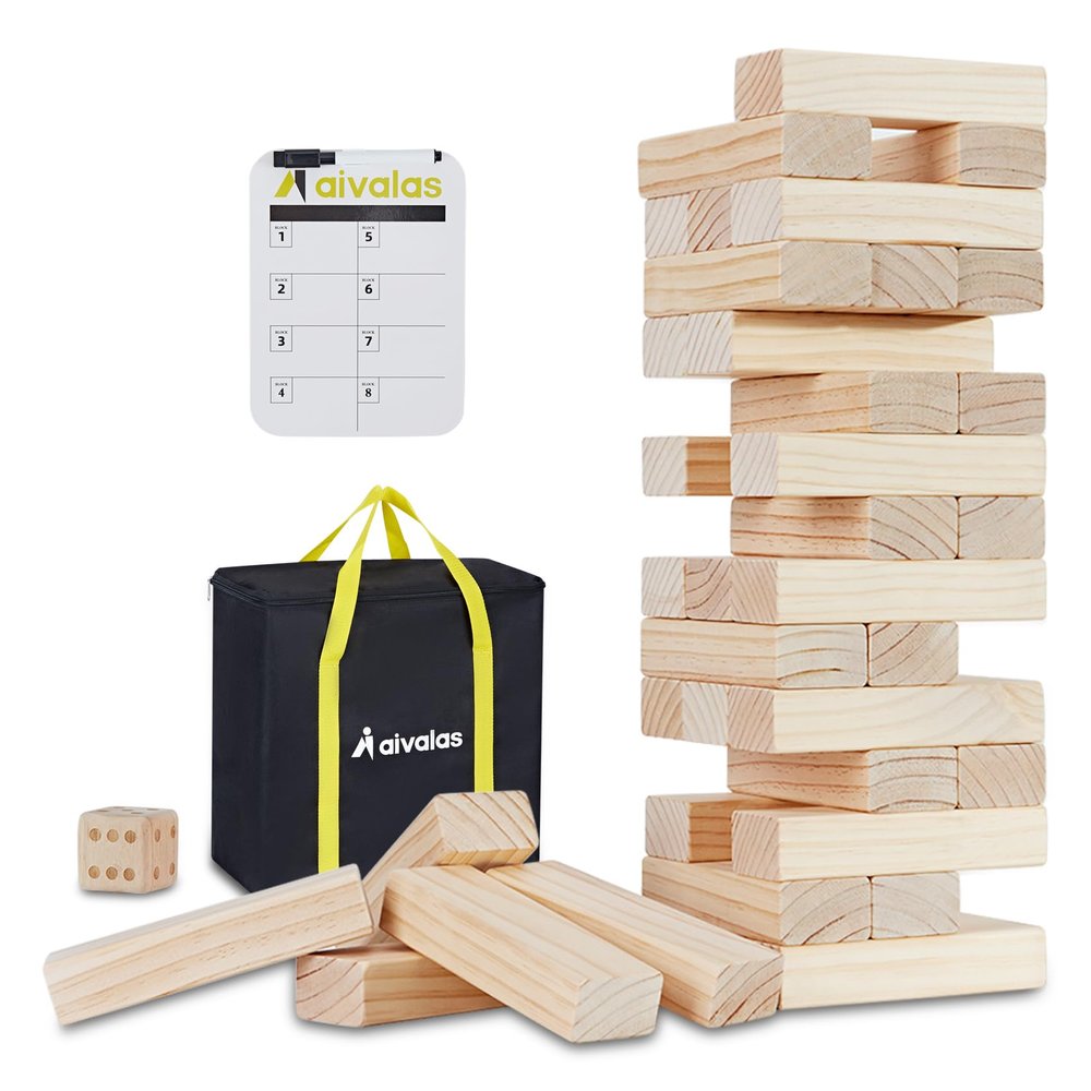 Aivalas X-Large Size Giant Tumble Tower, 56 Blocks Outdoor Yard Games Stacking Games Includes Dice Carrying Bag Scoreboard, Stacking Up to 5FT for Backyard Lawn Party Playing