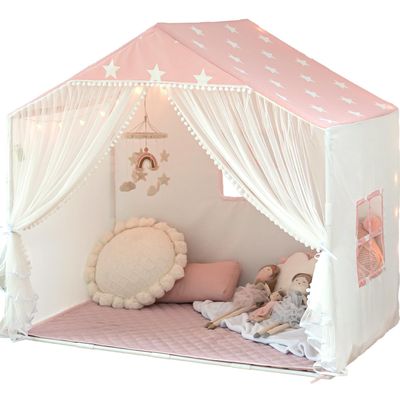 Kids Play Tent with Mat, Large Playhouse Tent Indoor Toddler Girl Tent with Pompoms Door Curtains, Princess Tents Children Play House for Girls Birthday Toy House Gift, Play Cottage (Pink)