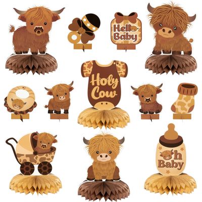 12Pcs Highland Cow Honeycomb Centerpieces Brown Highland Cattle Baby Shower Party Table Decorations Holy Cow Gender Reveal Cutouts Welcome Baby Party Table Toppers Photo Props Decor for Baby