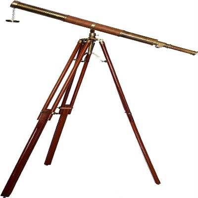 Antique Telescope Vintage Brass Brown Leather Single Barrel Spyglass Nautical Floor Standing Adjustable Wooden Tripod Stand